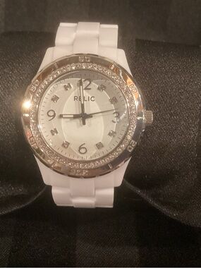 Relic White Link Watch Band with Silver-Tone Clasp & Crystal Edging